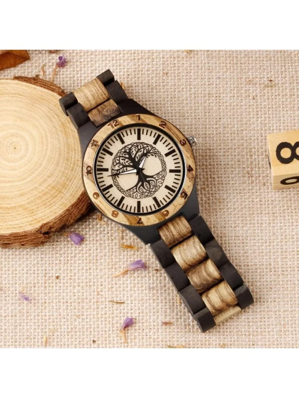 Men's Black Handmade Tree Pattern Lightweight Analog Quartz Wrist Wooden Watch